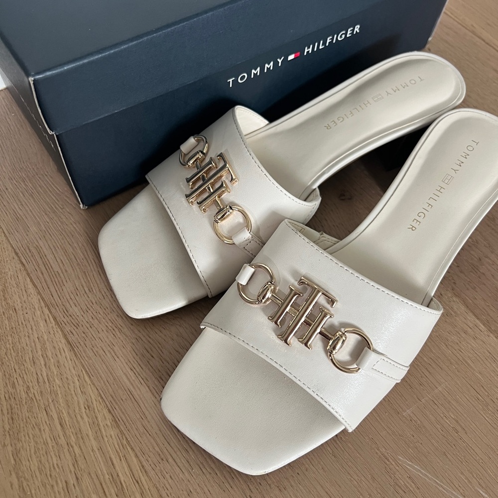 Tommy Hilfiger White Ivory Mules with Gold Hardware